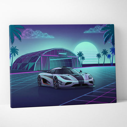 Koenigsegg One:1 Inspired Silver Teal Canvas Wall Art Vaporwave Hypercar Artwork Neon Palm Garage Decor Retro Futuristic Sunset Print