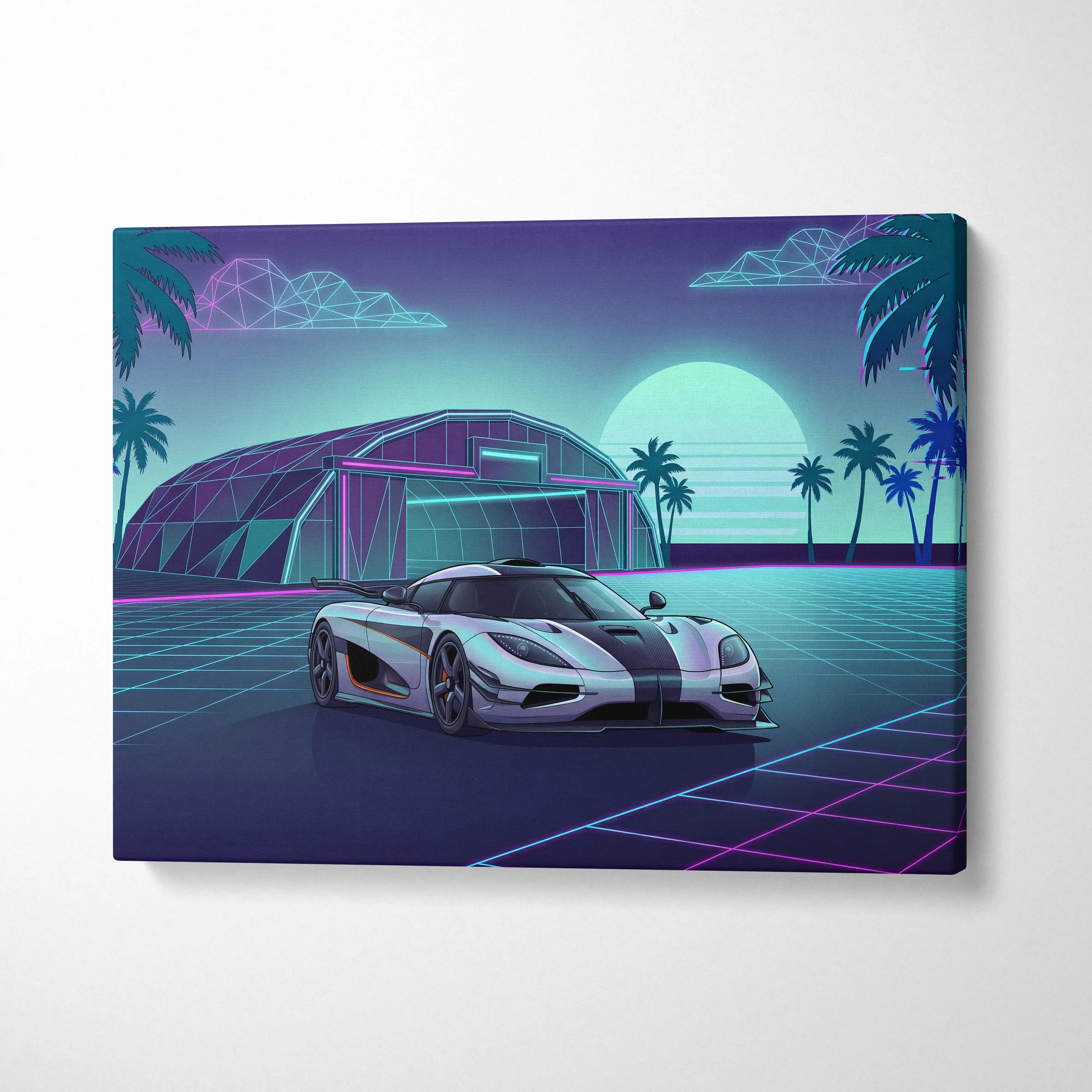 Koenigsegg One:1 Inspired Silver Teal Canvas Wall Art Vaporwave Hypercar Artwork Neon Palm Garage Decor Retro Futuristic Sunset Print