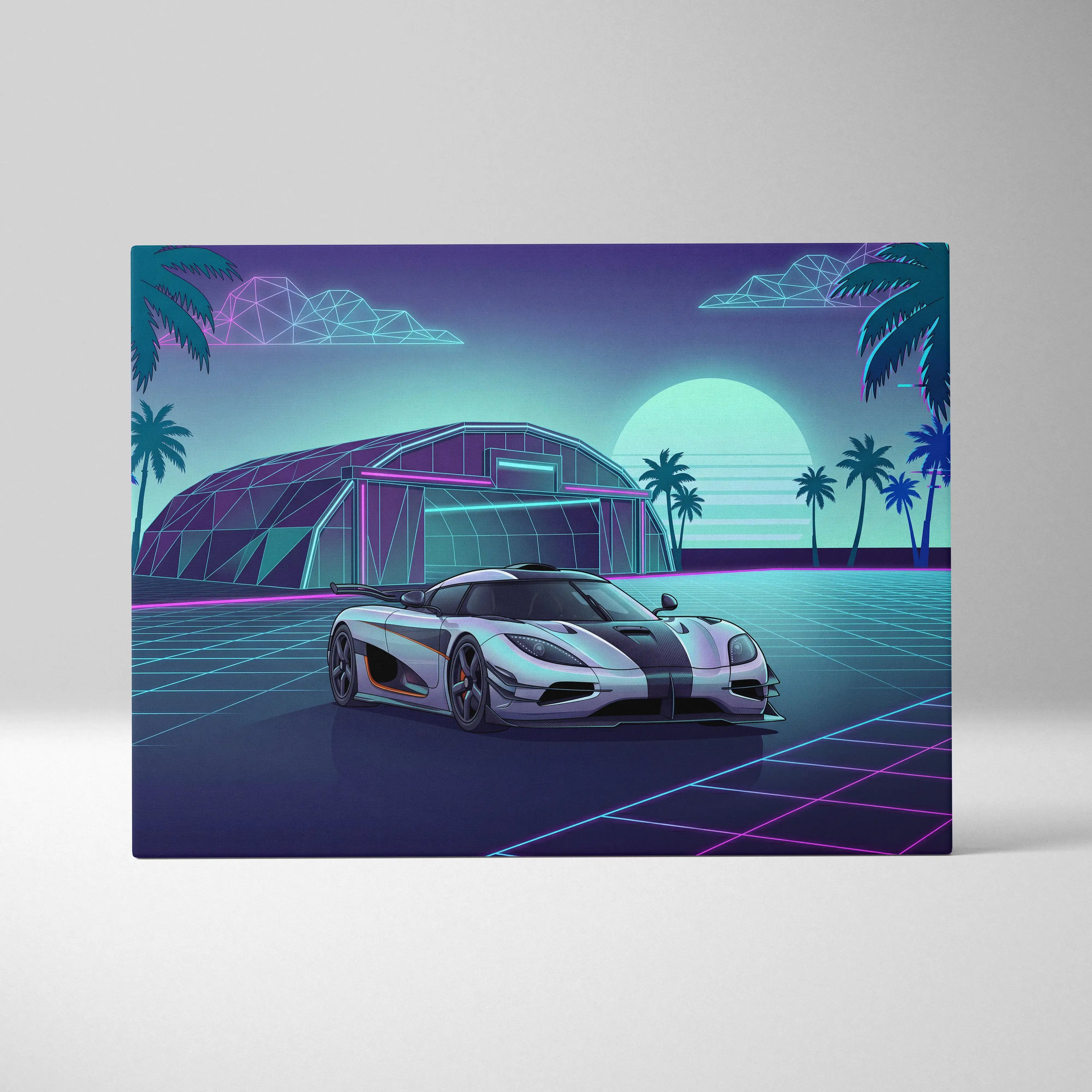 Koenigsegg One:1 Inspired Silver Teal Canvas Wall Art Vaporwave Hypercar Artwork Neon Palm Garage Decor Retro Futuristic Sunset Print