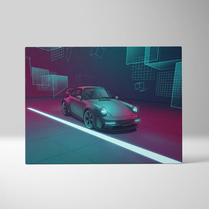 Porsche 911 Turbo Classic Inspired Gray Teal Canvas Wall Art Vaporwave Neon Garage Sports Car Artwork, Cyberpunk Retro Reflection Decor