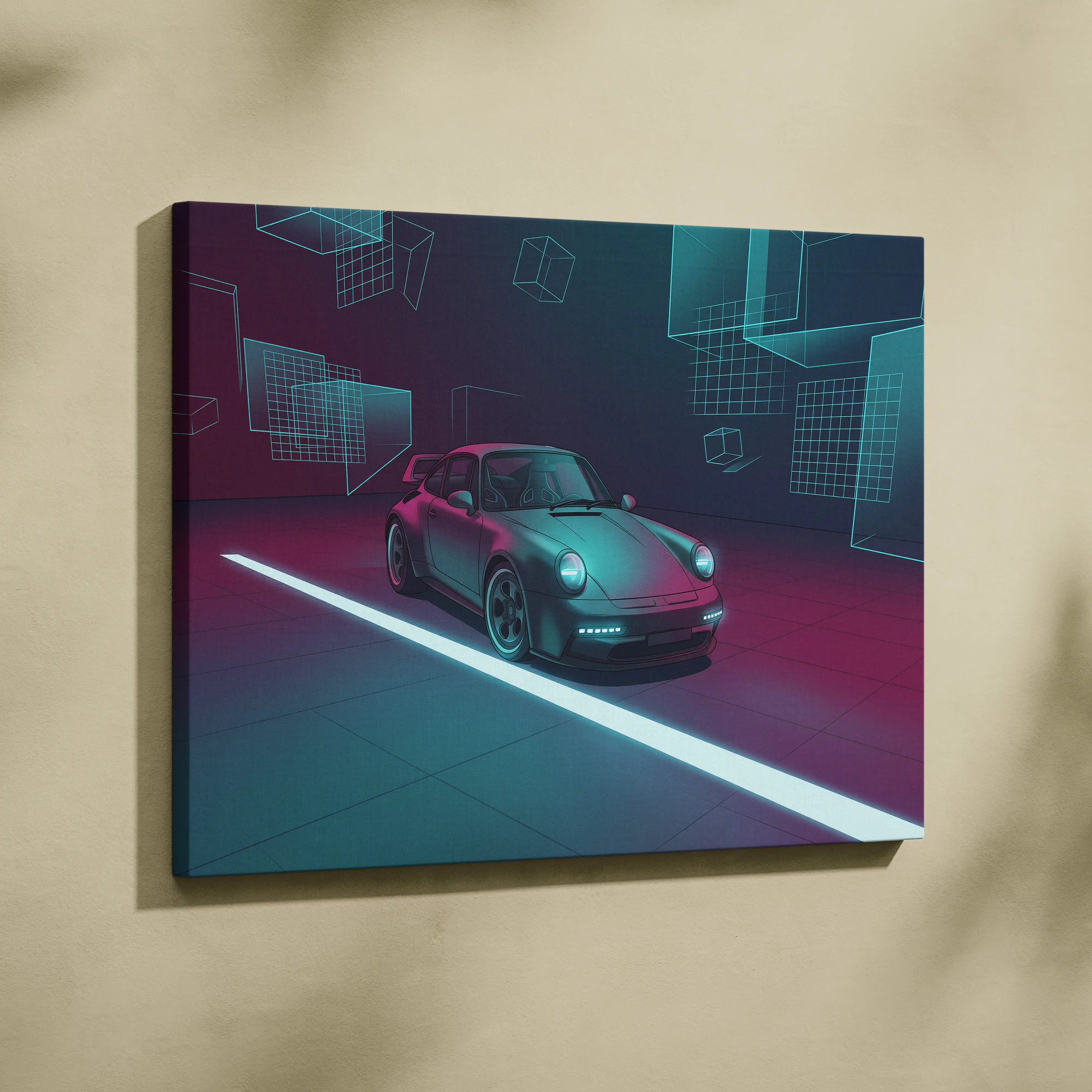Porsche 911 Turbo Classic Inspired Gray Teal Canvas Wall Art Vaporwave Neon Garage Sports Car Artwork, Cyberpunk Retro Reflection Decor