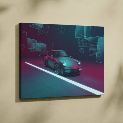 Porsche 911 Turbo Classic Inspired Gray Teal Canvas Wall Art Vaporwave Neon Garage Sports Car Artwork, Cyberpunk Retro Reflection Decor