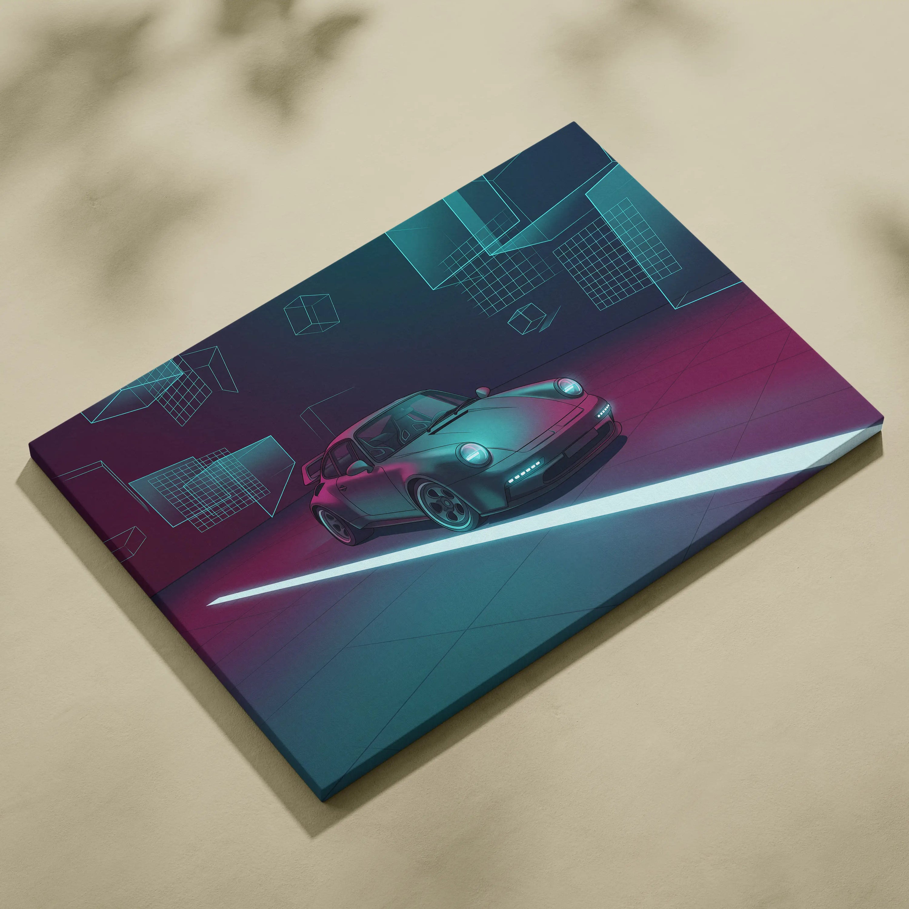 Porsche 911 Turbo Classic Inspired Gray Teal Canvas Wall Art Vaporwave Neon Garage Sports Car Artwork, Cyberpunk Retro Reflection Decor