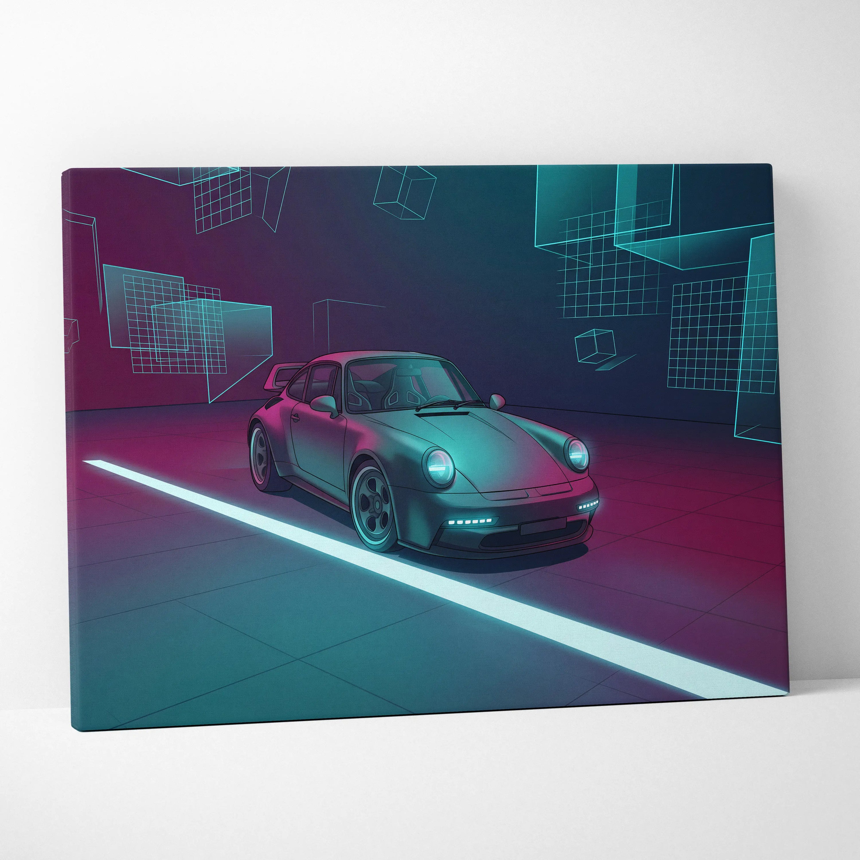 Porsche 911 Turbo Classic Inspired Gray Teal Canvas Wall Art Vaporwave Neon Garage Sports Car Artwork, Cyberpunk Retro Reflection Decor