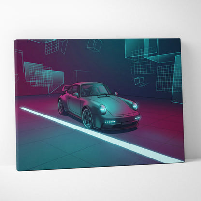 Porsche 911 Turbo Classic Inspired Gray Teal Canvas Wall Art Vaporwave Neon Garage Sports Car Artwork, Cyberpunk Retro Reflection Decor