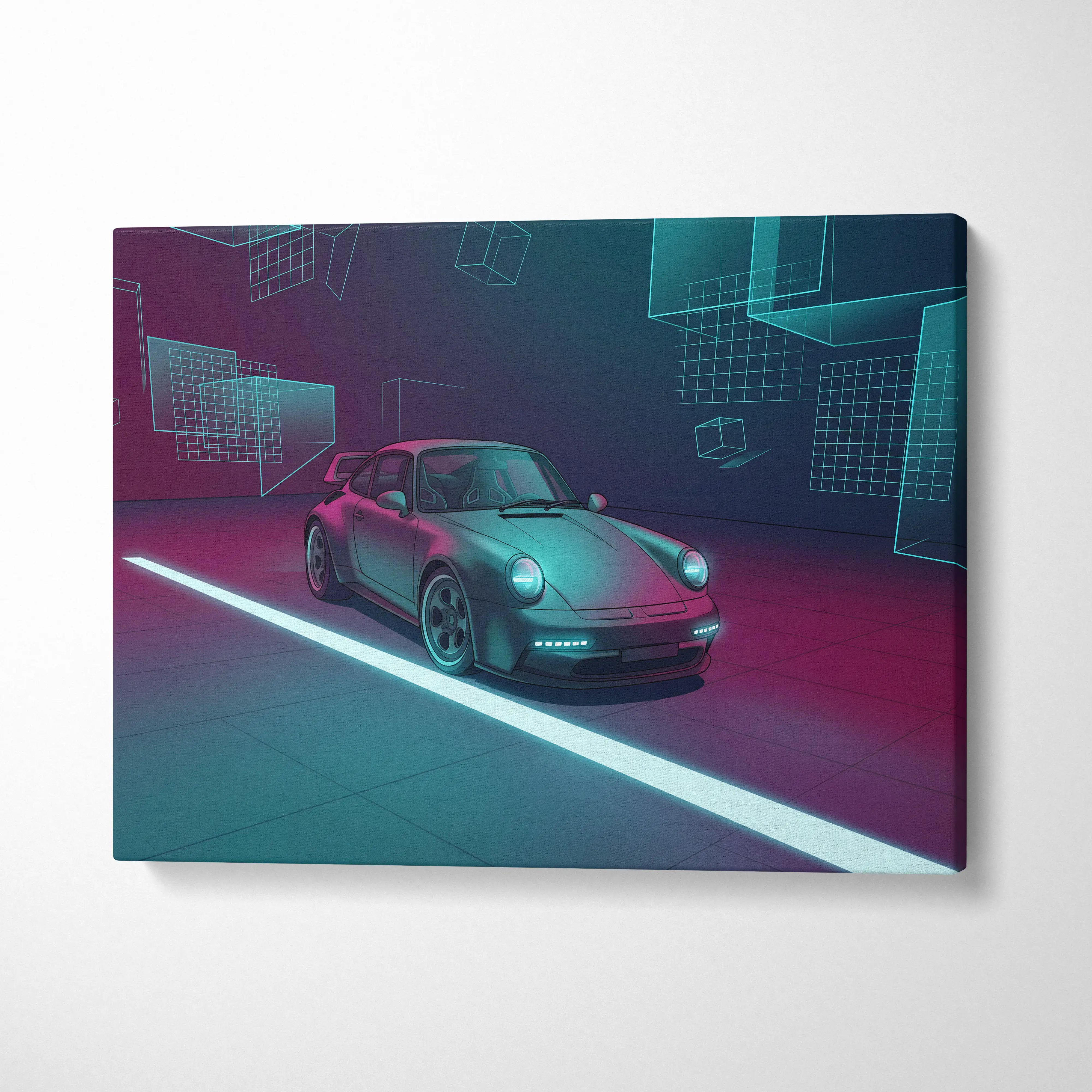 Porsche 911 Turbo Classic Inspired Gray Teal Canvas Wall Art Vaporwave Neon Garage Sports Car Artwork, Cyberpunk Retro Reflection Decor