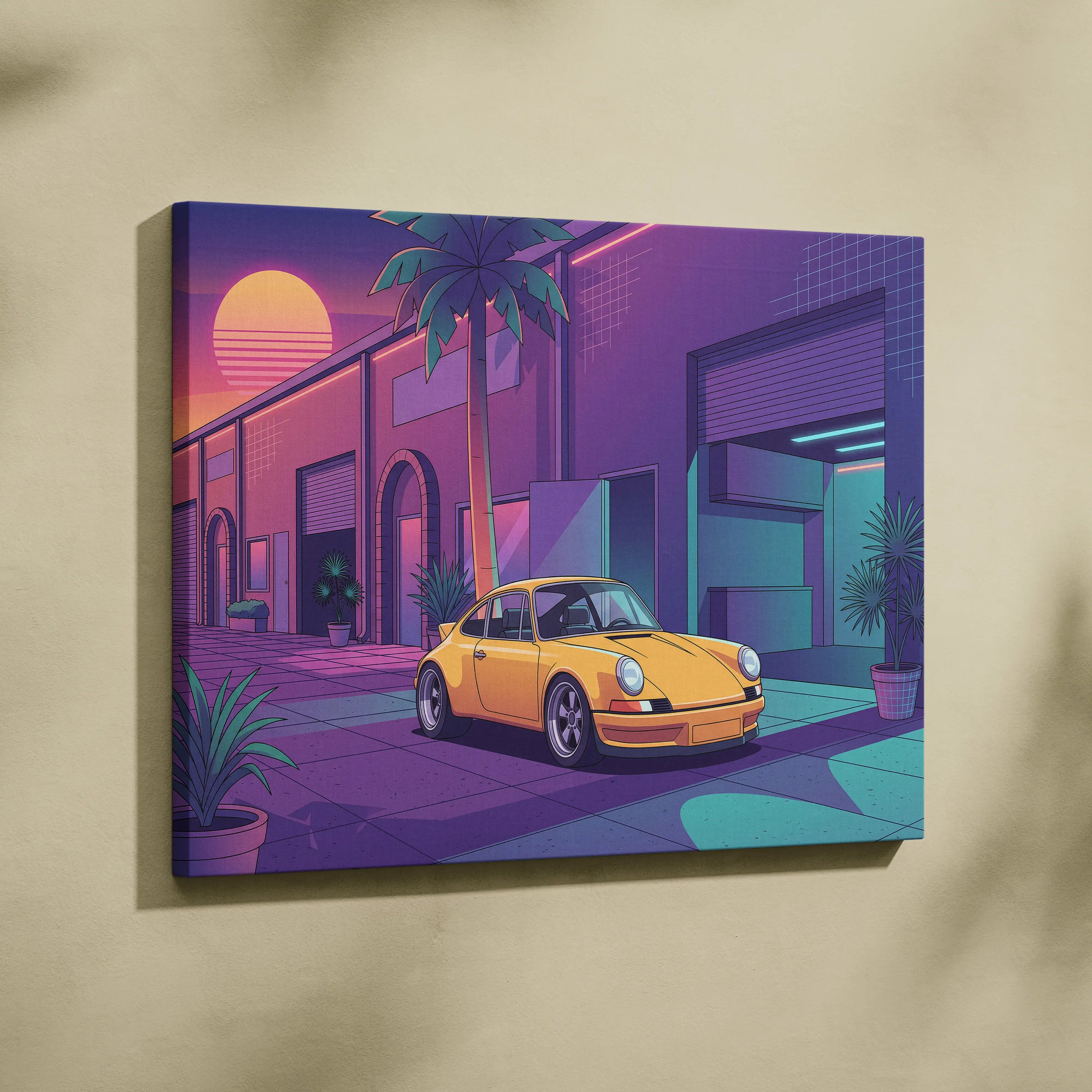 Porsche 911 Inspired Yellow Purple Canvas Wall Art Vaporwave Classic Sports Car Artwork Neon Palm Garage Decor Retro Futuristic Sunset Print