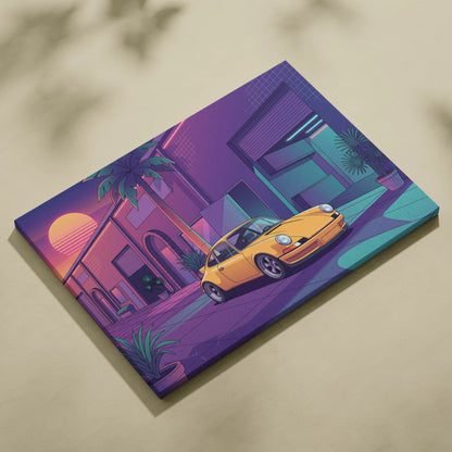 Porsche 911 Inspired Yellow Purple Canvas Wall Art Vaporwave Classic Sports Car Artwork Neon Palm Garage Decor Retro Futuristic Sunset Print