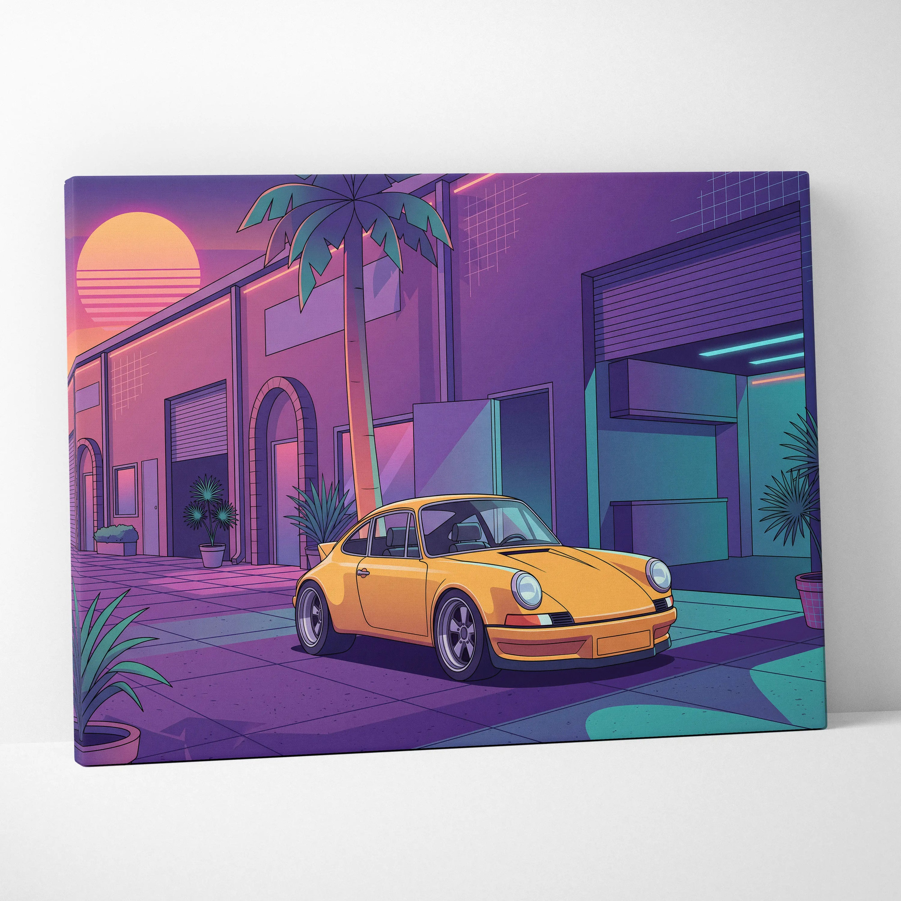 Porsche 911 Inspired Yellow Purple Canvas Wall Art Vaporwave Classic Sports Car Artwork Neon Palm Garage Decor Retro Futuristic Sunset Print
