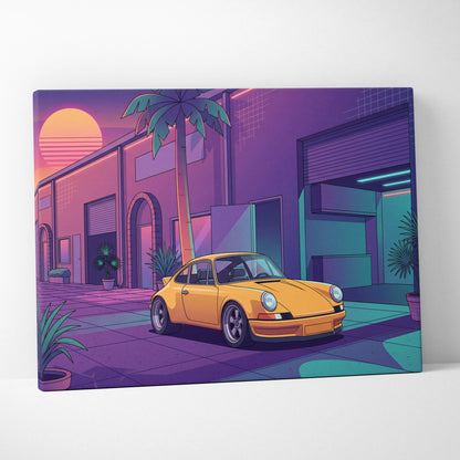 Porsche 911 Inspired Yellow Purple Canvas Wall Art Vaporwave Classic Sports Car Artwork Neon Palm Garage Decor Retro Futuristic Sunset Print