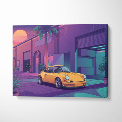 Porsche 911 Inspired Yellow Purple Canvas Wall Art Vaporwave Classic Sports Car Artwork Neon Palm Garage Decor Retro Futuristic Sunset Print