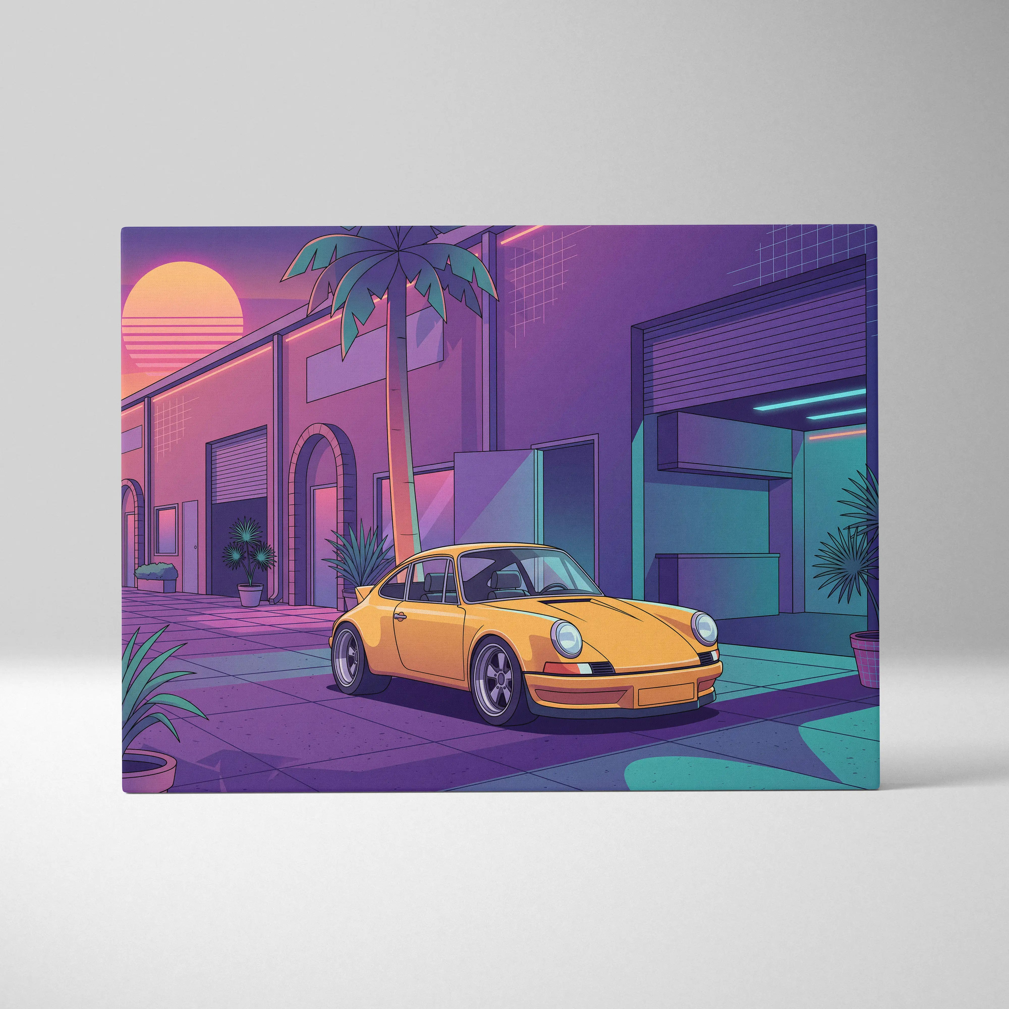 Porsche 911 Inspired Yellow Purple Canvas Wall Art Vaporwave Classic Sports Car Artwork Neon Palm Garage Decor Retro Futuristic Sunset Print