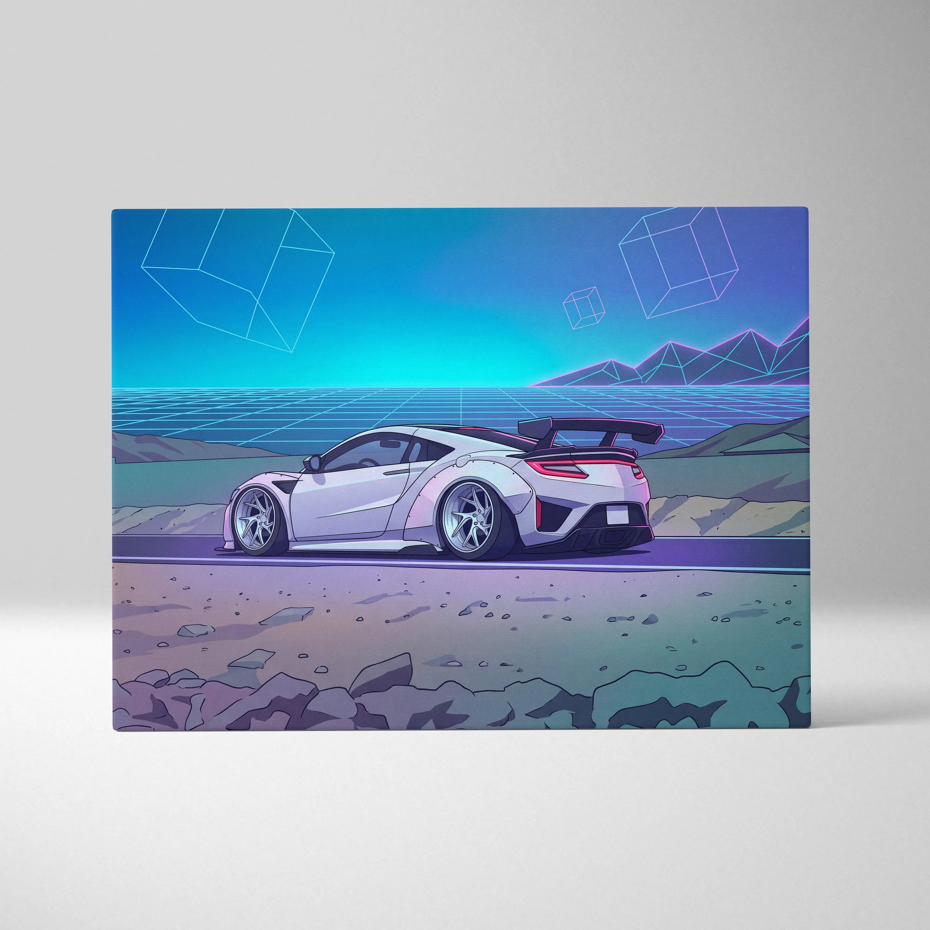 Acura NSX Inspired White Teal Canvas Wall Art Vaporwave Supercar Artwork Neon Desert Road Garage Decor Retro Futuristic Horizon Print
