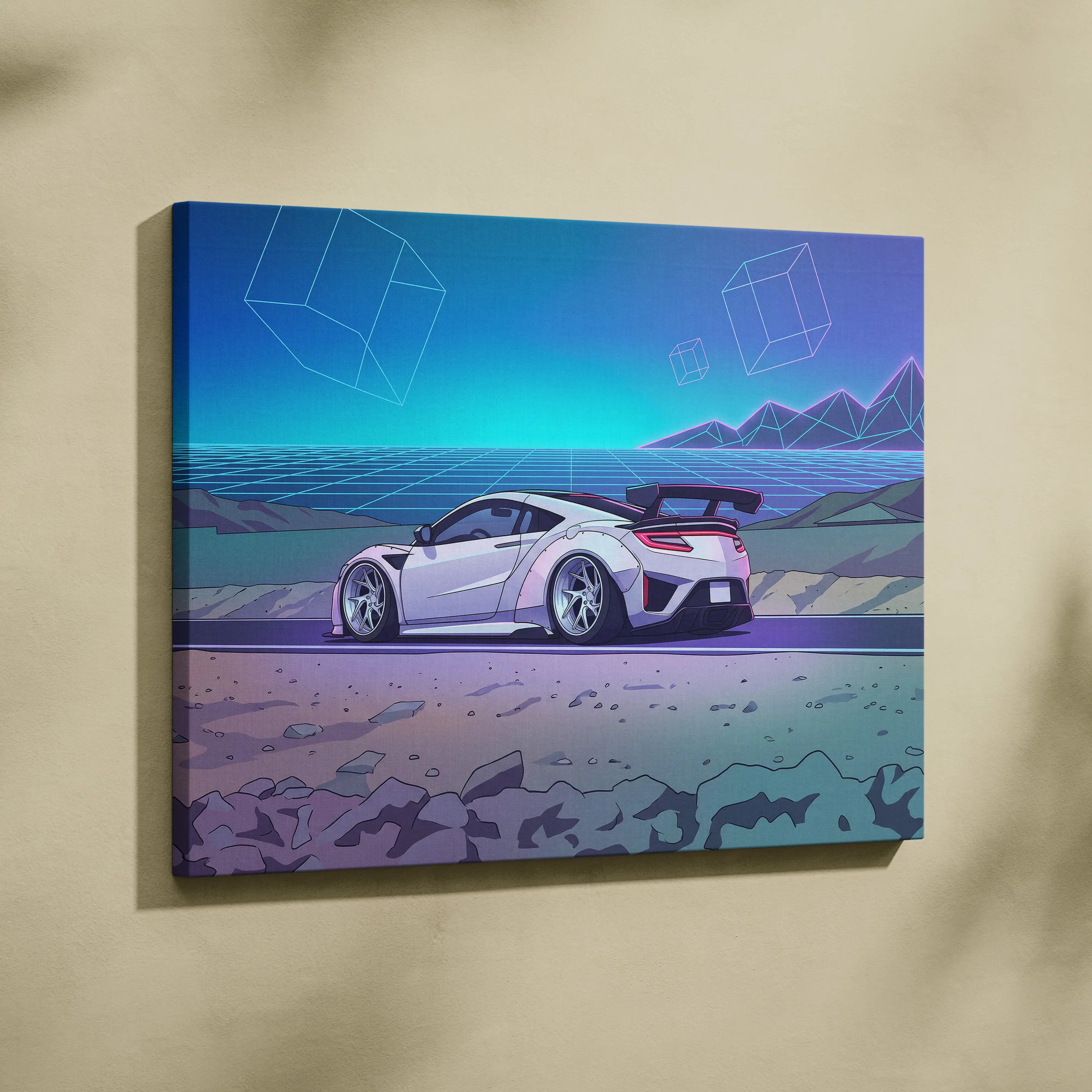 Acura NSX Inspired White Teal Canvas Wall Art Vaporwave Supercar Artwork Neon Desert Road Garage Decor Retro Futuristic Horizon Print