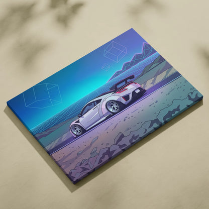Acura NSX Inspired White Teal Canvas Wall Art Vaporwave Supercar Artwork Neon Desert Road Garage Decor Retro Futuristic Horizon Print