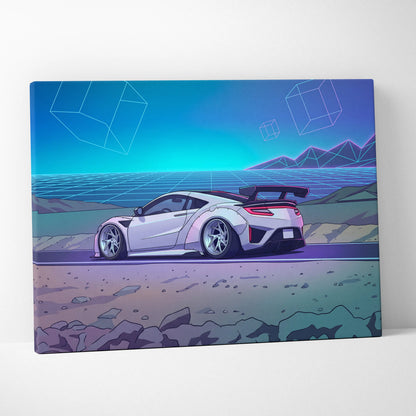 Acura NSX Inspired White Teal Canvas Wall Art Vaporwave Supercar Artwork Neon Desert Road Garage Decor Retro Futuristic Horizon Print