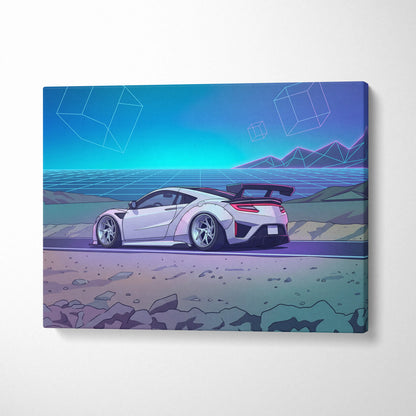 Acura NSX Inspired White Teal Canvas Wall Art Vaporwave Supercar Artwork Neon Desert Road Garage Decor Retro Futuristic Horizon Print