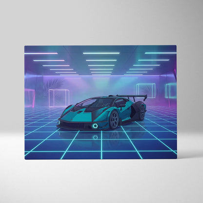 Lamborghini Essenza SCV12 Inspired Teal Purple Canvas Wall Art, Vaporwave Hypercar Artwork, Neon Grid Garage Decor, Retro Futuristic Exotic Print