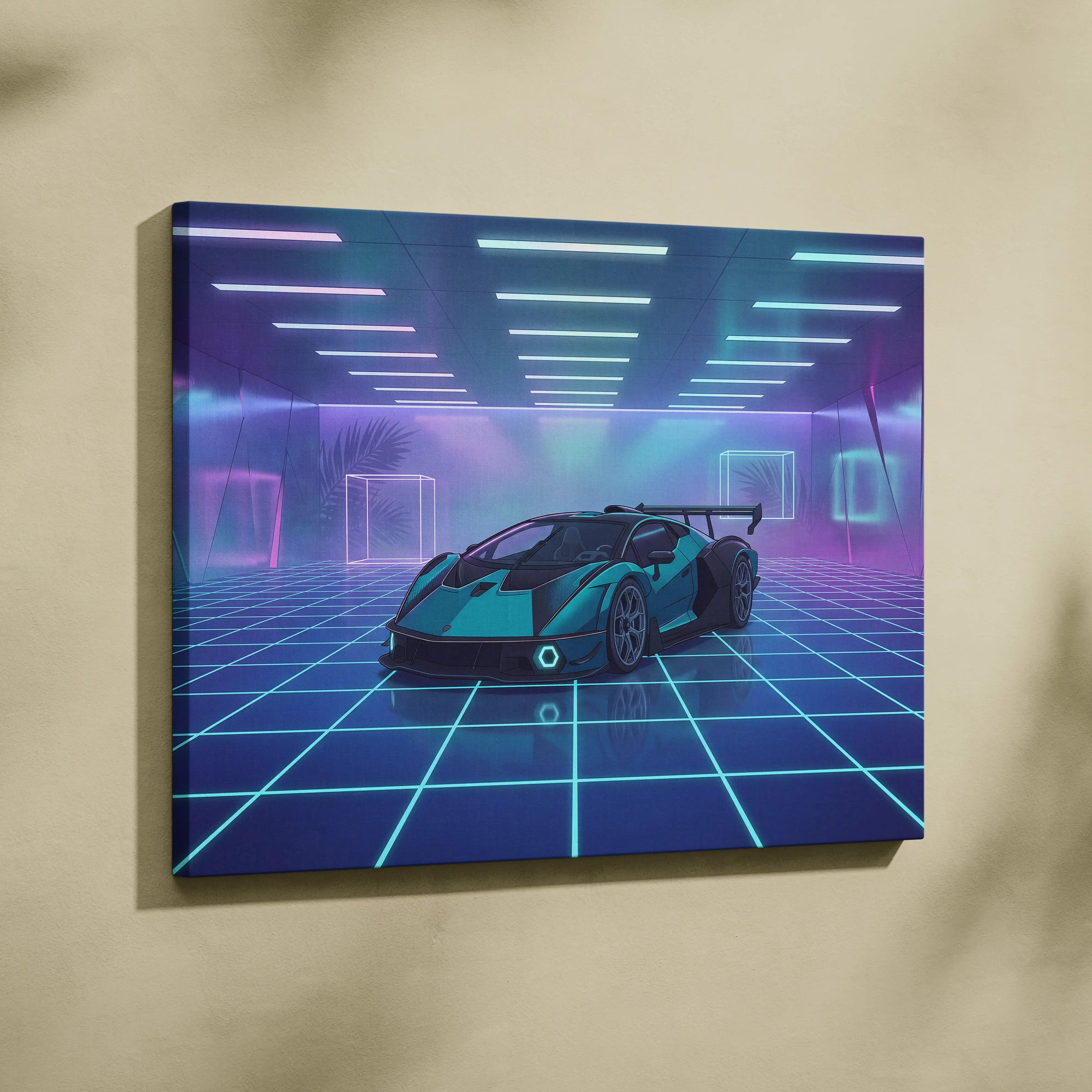Lamborghini Essenza SCV12 Inspired Teal Purple Canvas Wall Art, Vaporwave Hypercar Artwork, Neon Grid Garage Decor, Retro Futuristic Exotic Print