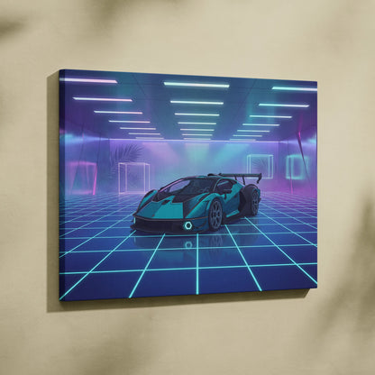 Lamborghini Essenza SCV12 Inspired Teal Purple Canvas Wall Art, Vaporwave Hypercar Artwork, Neon Grid Garage Decor, Retro Futuristic Exotic Print