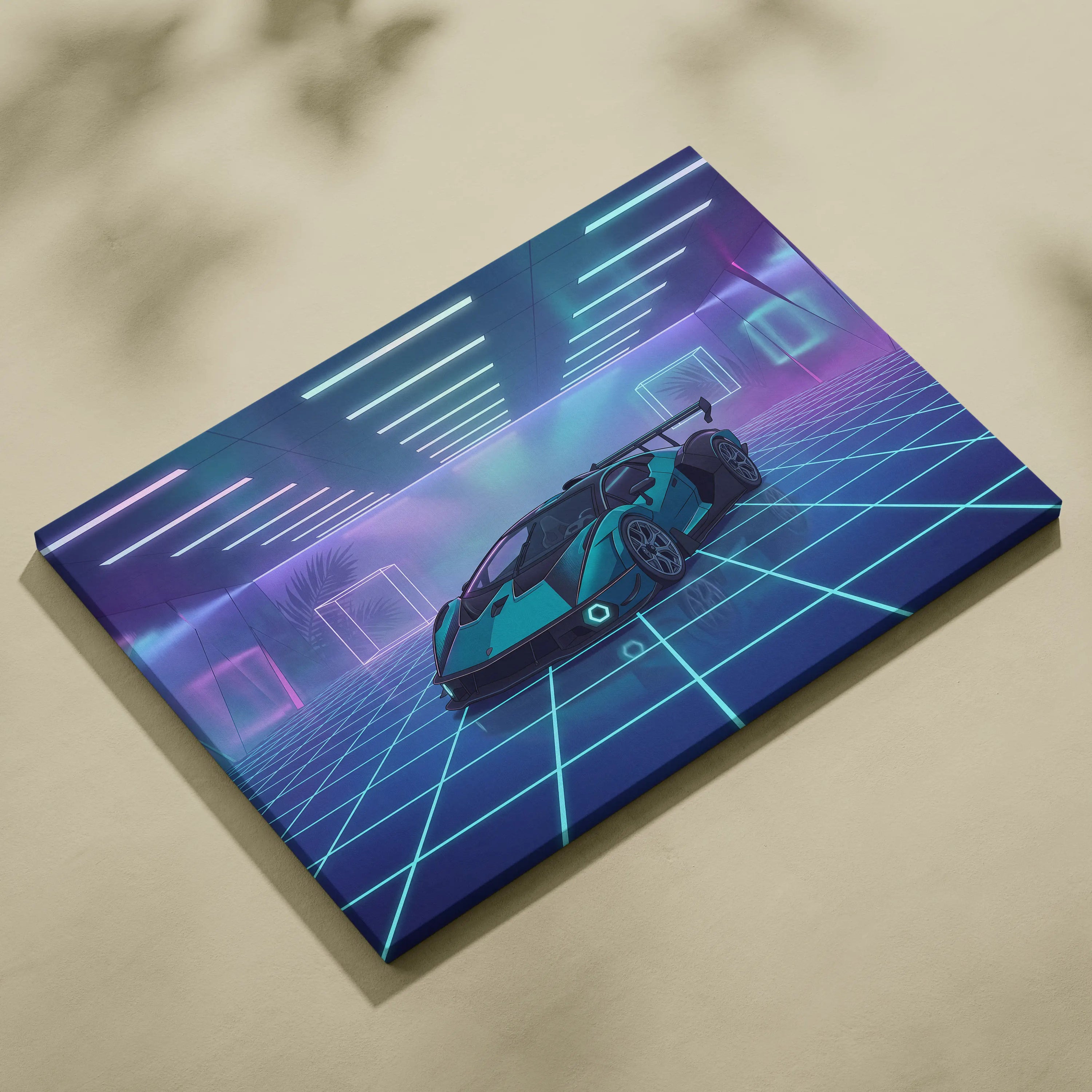 Lamborghini Essenza SCV12 Inspired Teal Purple Canvas Wall Art, Vaporwave Hypercar Artwork, Neon Grid Garage Decor, Retro Futuristic Exotic Print