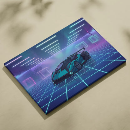 Lamborghini Essenza SCV12 Inspired Teal Purple Canvas Wall Art, Vaporwave Hypercar Artwork, Neon Grid Garage Decor, Retro Futuristic Exotic Print