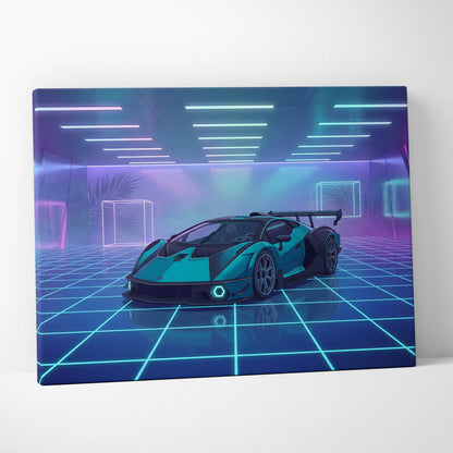 Lamborghini Essenza SCV12 Inspired Teal Purple Canvas Wall Art, Vaporwave Hypercar Artwork, Neon Grid Garage Decor, Retro Futuristic Exotic Print