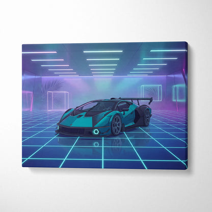 Lamborghini Essenza SCV12 Inspired Teal Purple Canvas Wall Art, Vaporwave Hypercar Artwork, Neon Grid Garage Decor, Retro Futuristic Exotic Print