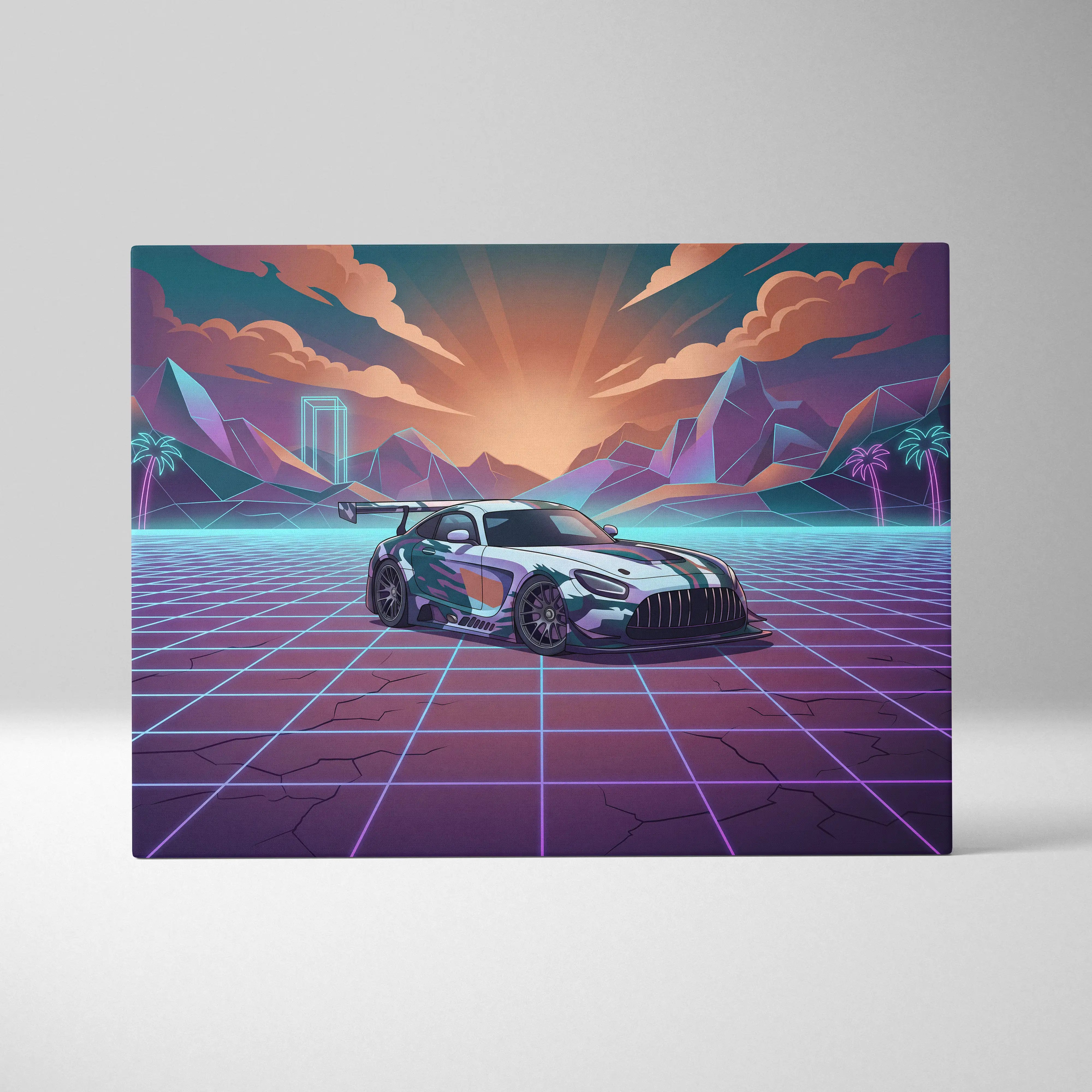 Mercedes-AMG GT3 Inspired White Purple Canvas Wall Art, Neon Vaporwave Race Car Artwork for Modern Garage Decor