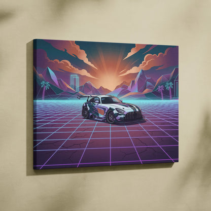 Mercedes-AMG GT3 Inspired White Purple Canvas Wall Art, Neon Vaporwave Race Car Artwork for Modern Garage Decor