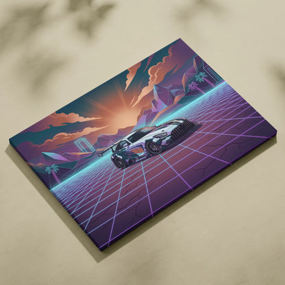 Mercedes-AMG GT3 Inspired White Purple Canvas Wall Art, Neon Vaporwave Race Car Artwork for Modern Garage Decor