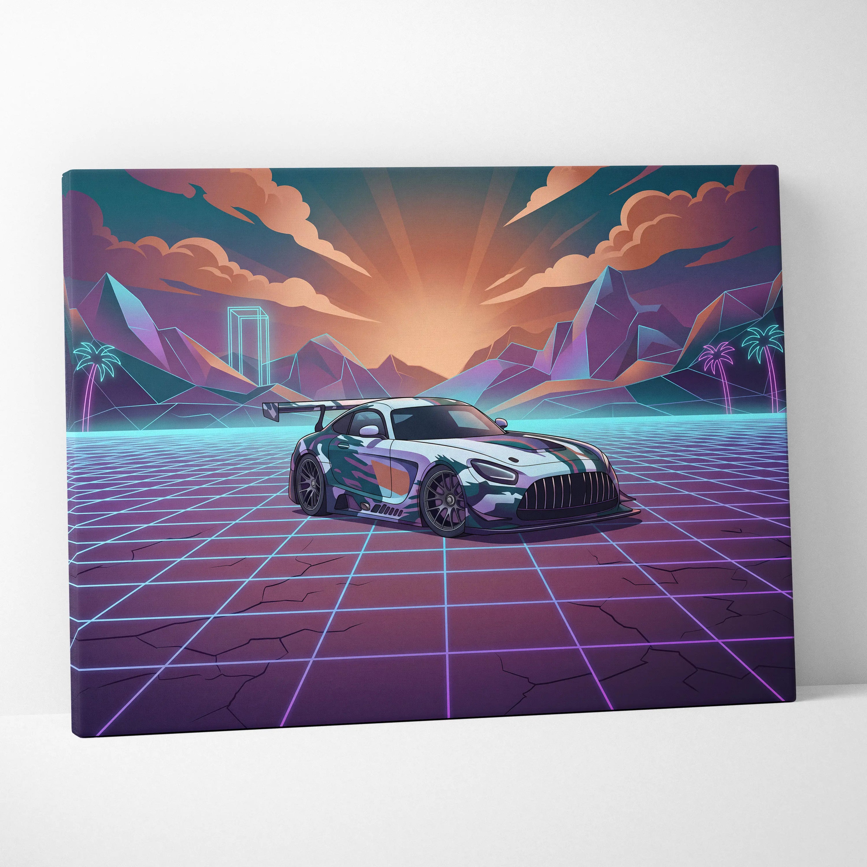 Mercedes-AMG GT3 Inspired White Purple Canvas Wall Art, Neon Vaporwave Race Car Artwork for Modern Garage Decor