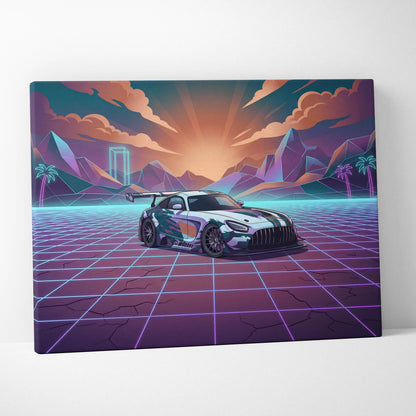 Mercedes-AMG GT3 Inspired White Purple Canvas Wall Art, Neon Vaporwave Race Car Artwork for Modern Garage Decor