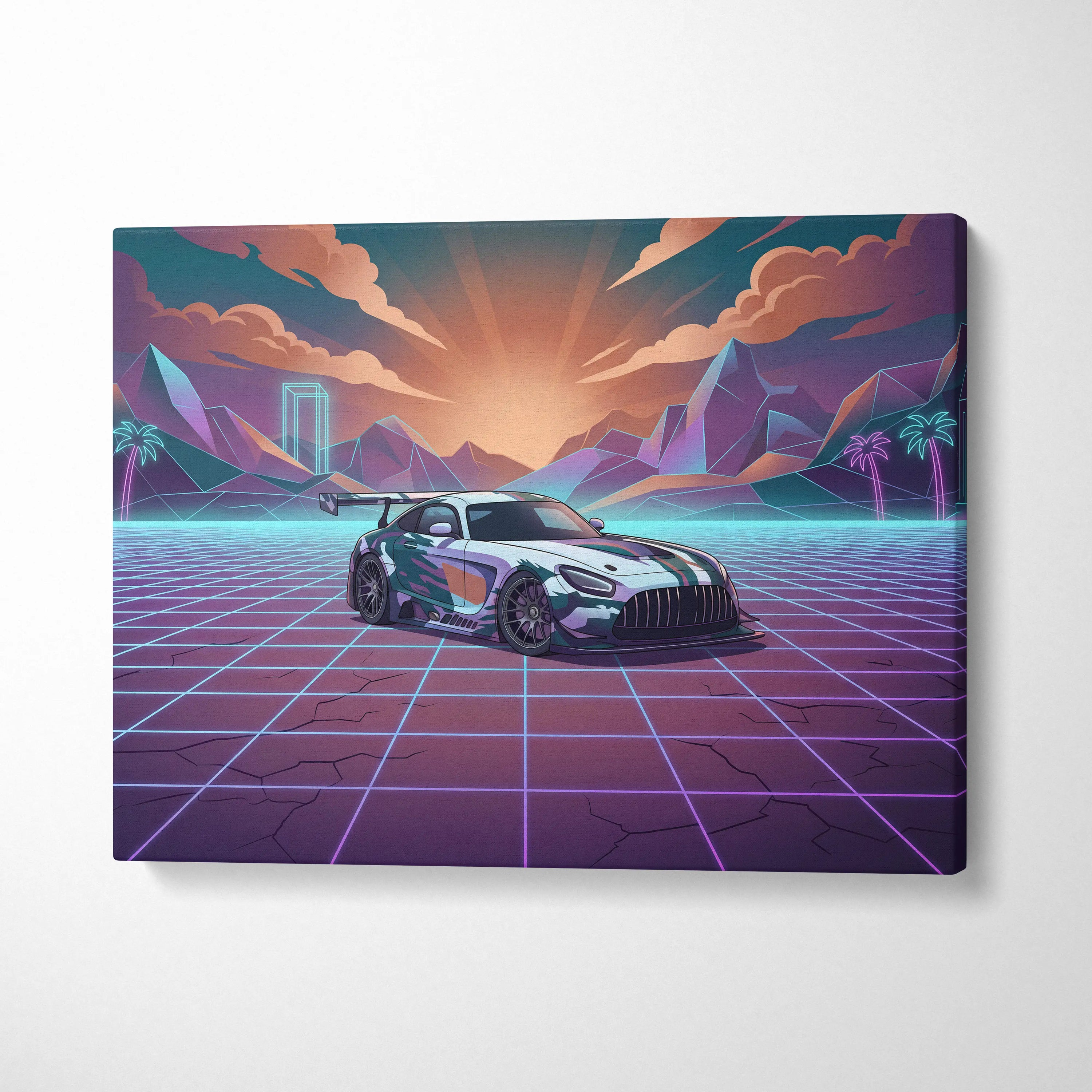 Mercedes-AMG GT3 Inspired White Purple Canvas Wall Art, Neon Vaporwave Race Car Artwork for Modern Garage Decor