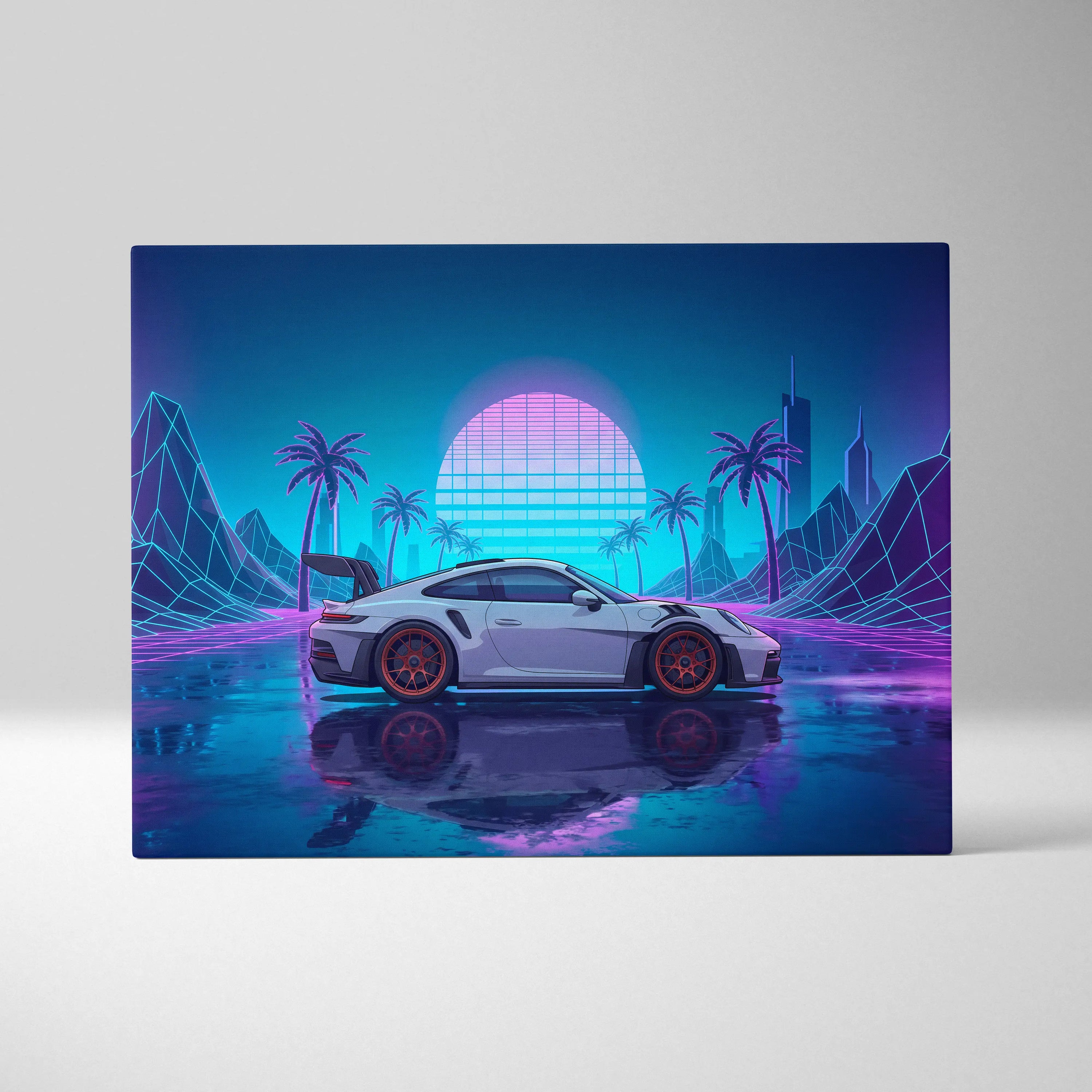 Porsche 911 GT3 RS Inspired White Blue Canvas Wall Art Vaporwave Neon Palm Sports Car Artwork, Cyberpunk Sunset Garage Decor
