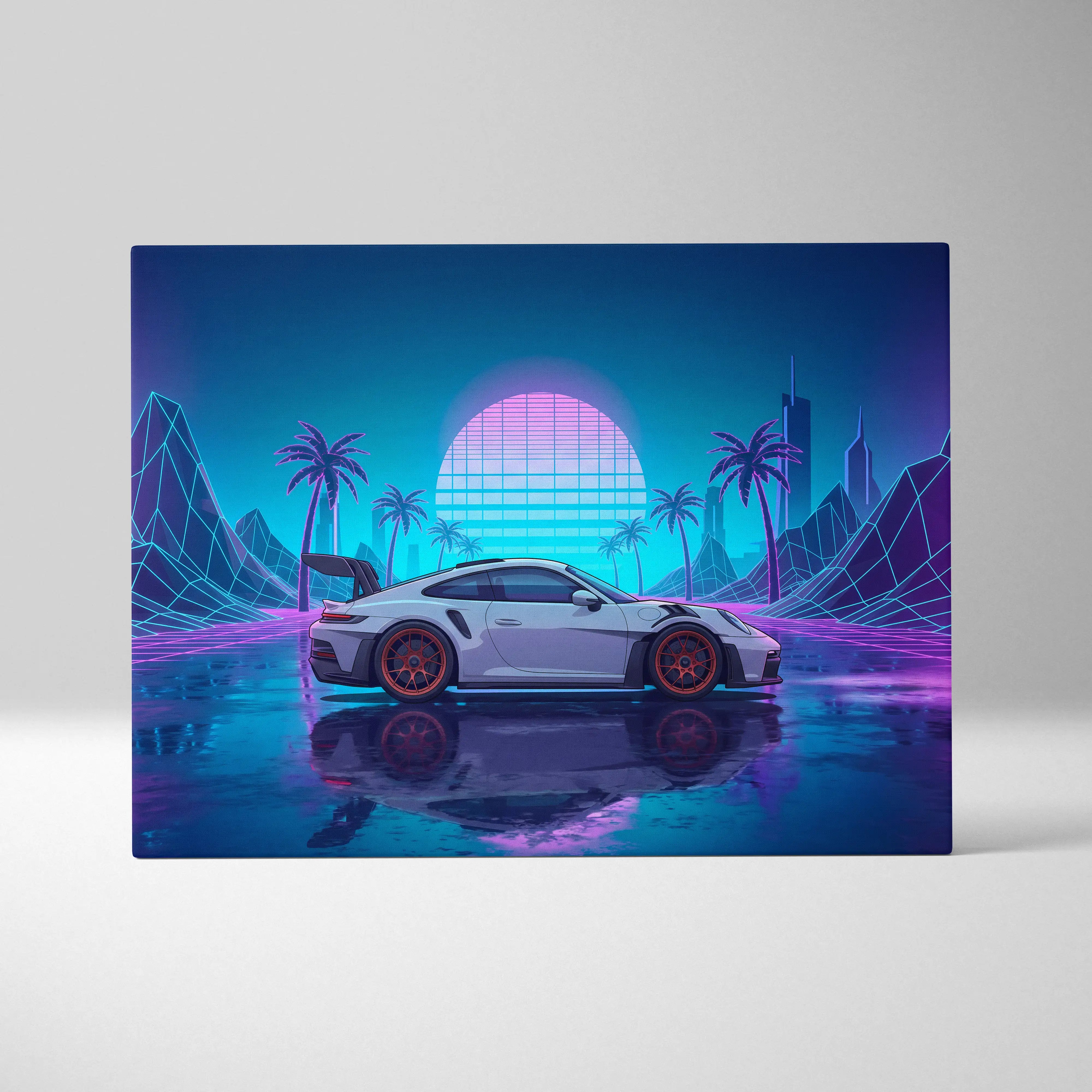 Porsche 911 GT3 RS Inspired White Blue Canvas Wall Art Vaporwave Neon Palm Sports Car Artwork, Cyberpunk Sunset Garage Decor