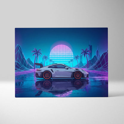 Porsche 911 GT3 RS Inspired White Blue Canvas Wall Art Vaporwave Neon Palm Sports Car Artwork, Cyberpunk Sunset Garage Decor