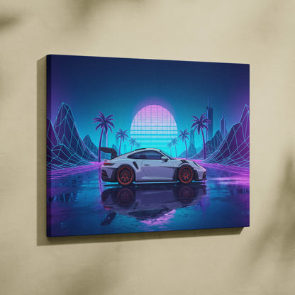 Porsche 911 GT3 RS Inspired White Blue Canvas Wall Art Vaporwave Neon Palm Sports Car Artwork, Cyberpunk Sunset Garage Decor