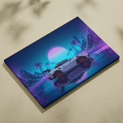 Porsche 911 GT3 RS Inspired White Blue Canvas Wall Art Vaporwave Neon Palm Sports Car Artwork, Cyberpunk Sunset Garage Decor