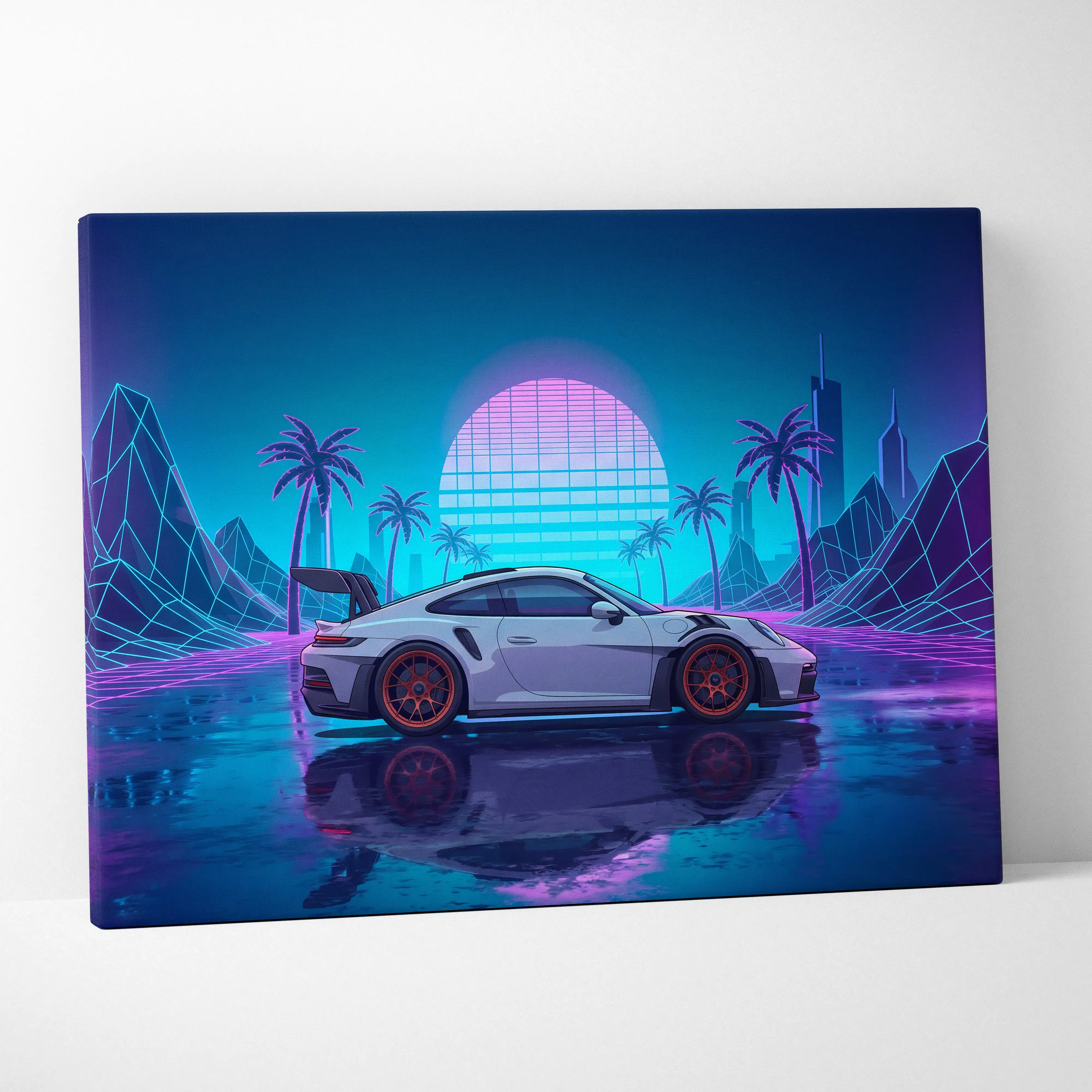 Porsche 911 GT3 RS Inspired White Blue Canvas Wall Art Vaporwave Neon Palm Sports Car Artwork, Cyberpunk Sunset Garage Decor
