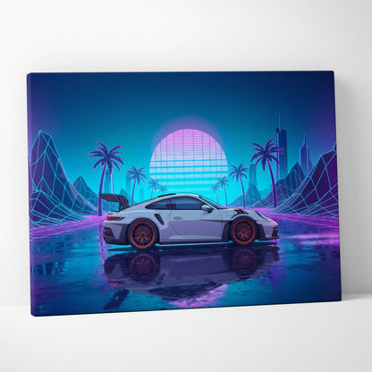 Porsche 911 GT3 RS Inspired White Blue Canvas Wall Art Vaporwave Neon Palm Sports Car Artwork, Cyberpunk Sunset Garage Decor