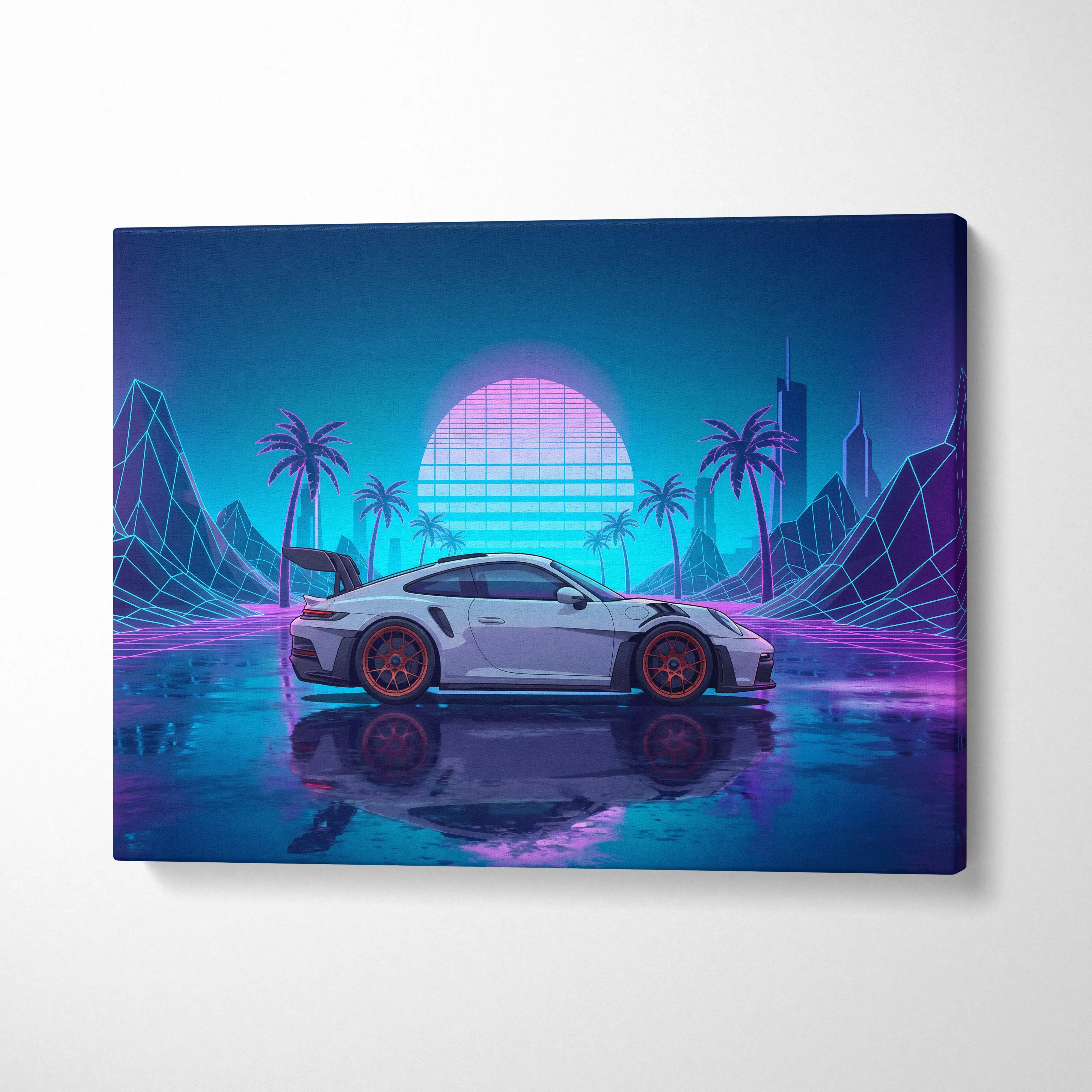 Porsche 911 GT3 RS Inspired White Blue Canvas Wall Art Vaporwave Neon Palm Sports Car Artwork, Cyberpunk Sunset Garage Decor
