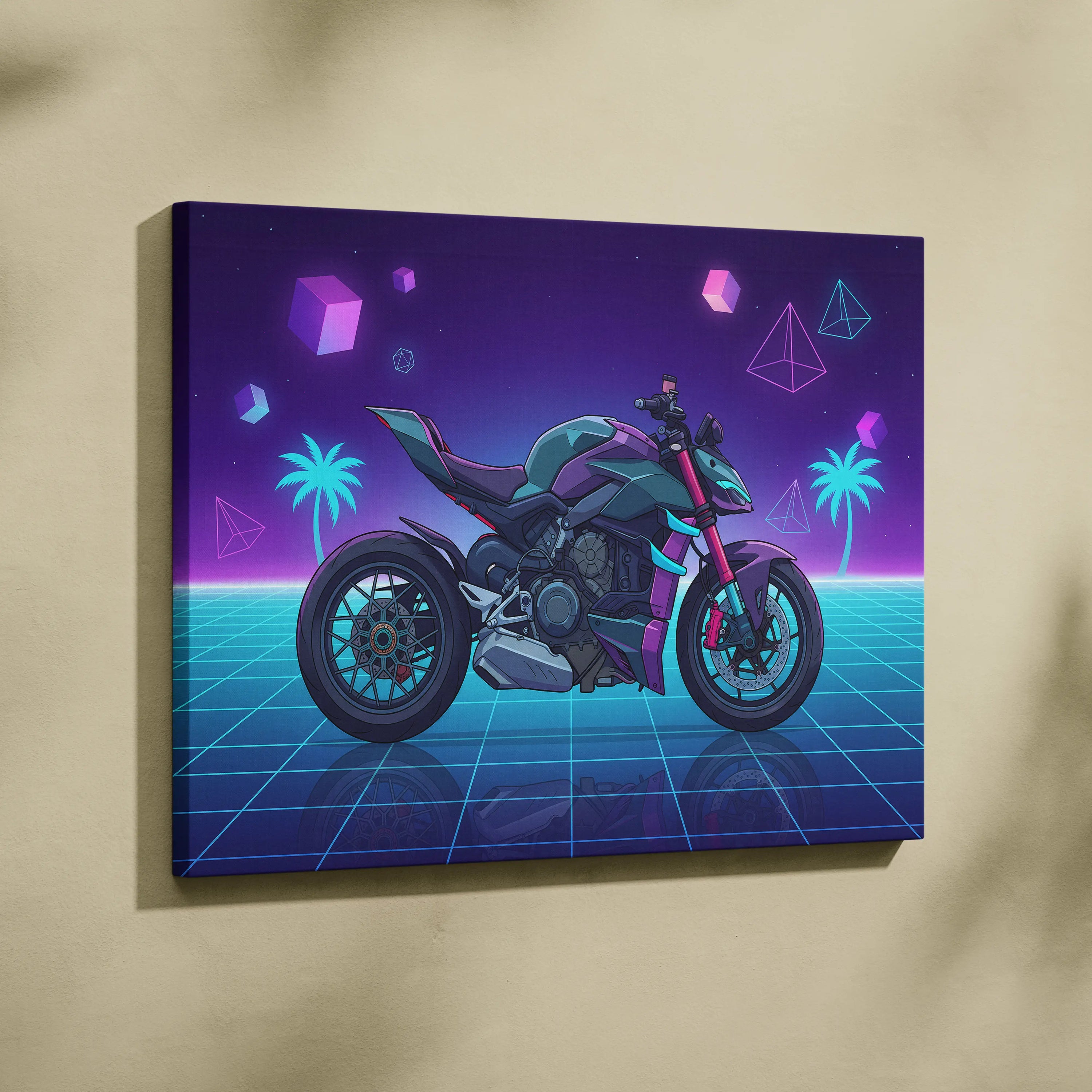 Ducati Streetfighter V4 Inspired Teal Purple Motorcycle Canvas Wall Art Vaporwave Neon Hypernaked Garage Decor Retro Futuristic Artwork