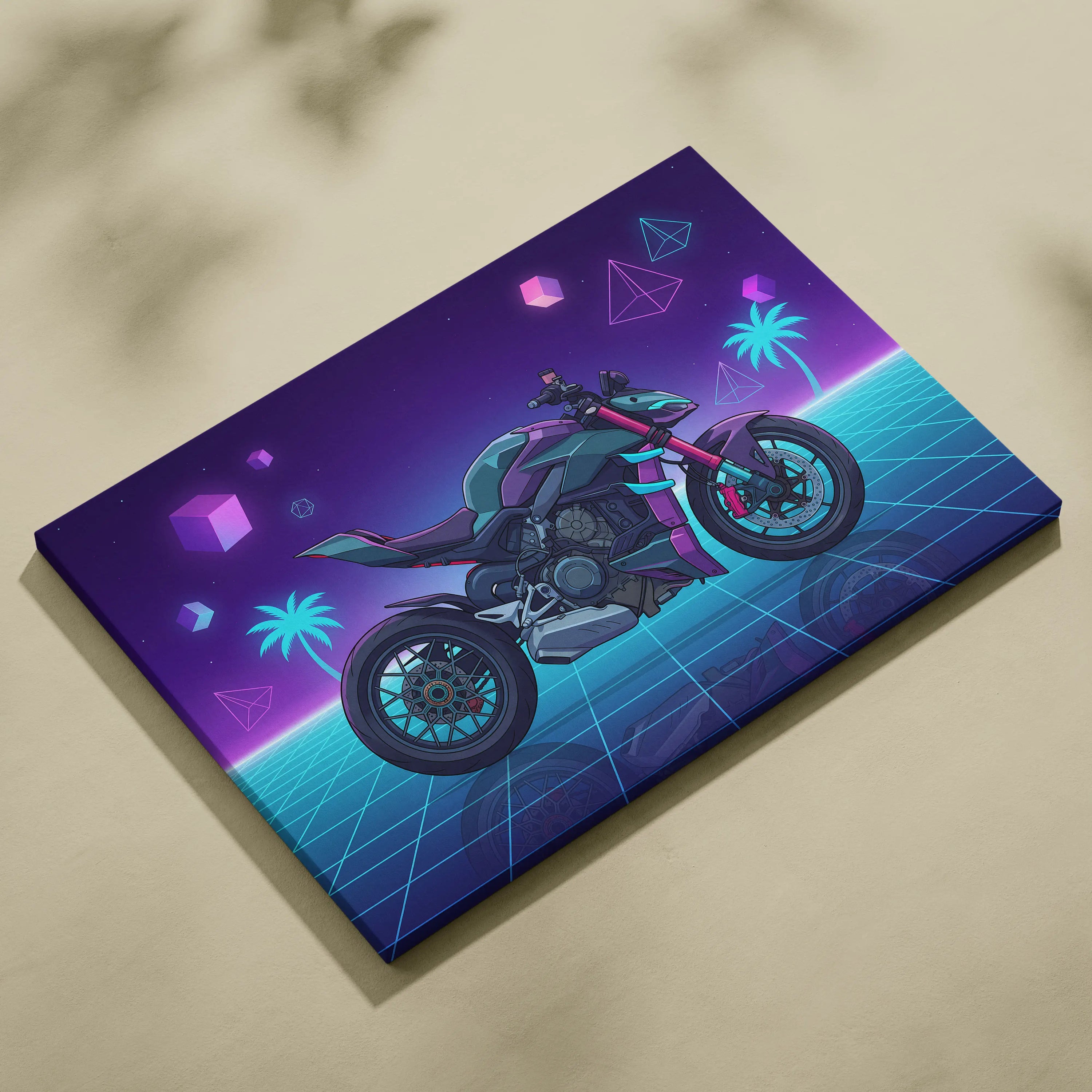 Ducati Streetfighter V4 Inspired Teal Purple Motorcycle Canvas Wall Art Vaporwave Neon Hypernaked Garage Decor Retro Futuristic Artwork