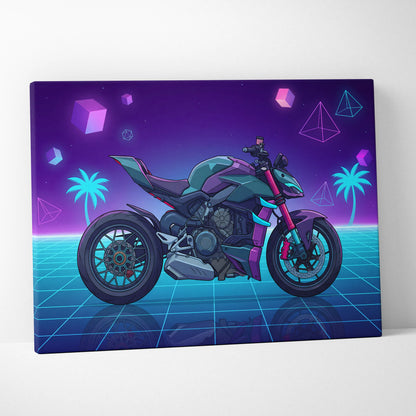 Ducati Streetfighter V4 Inspired Teal Purple Motorcycle Canvas Wall Art Vaporwave Neon Hypernaked Garage Decor Retro Futuristic Artwork