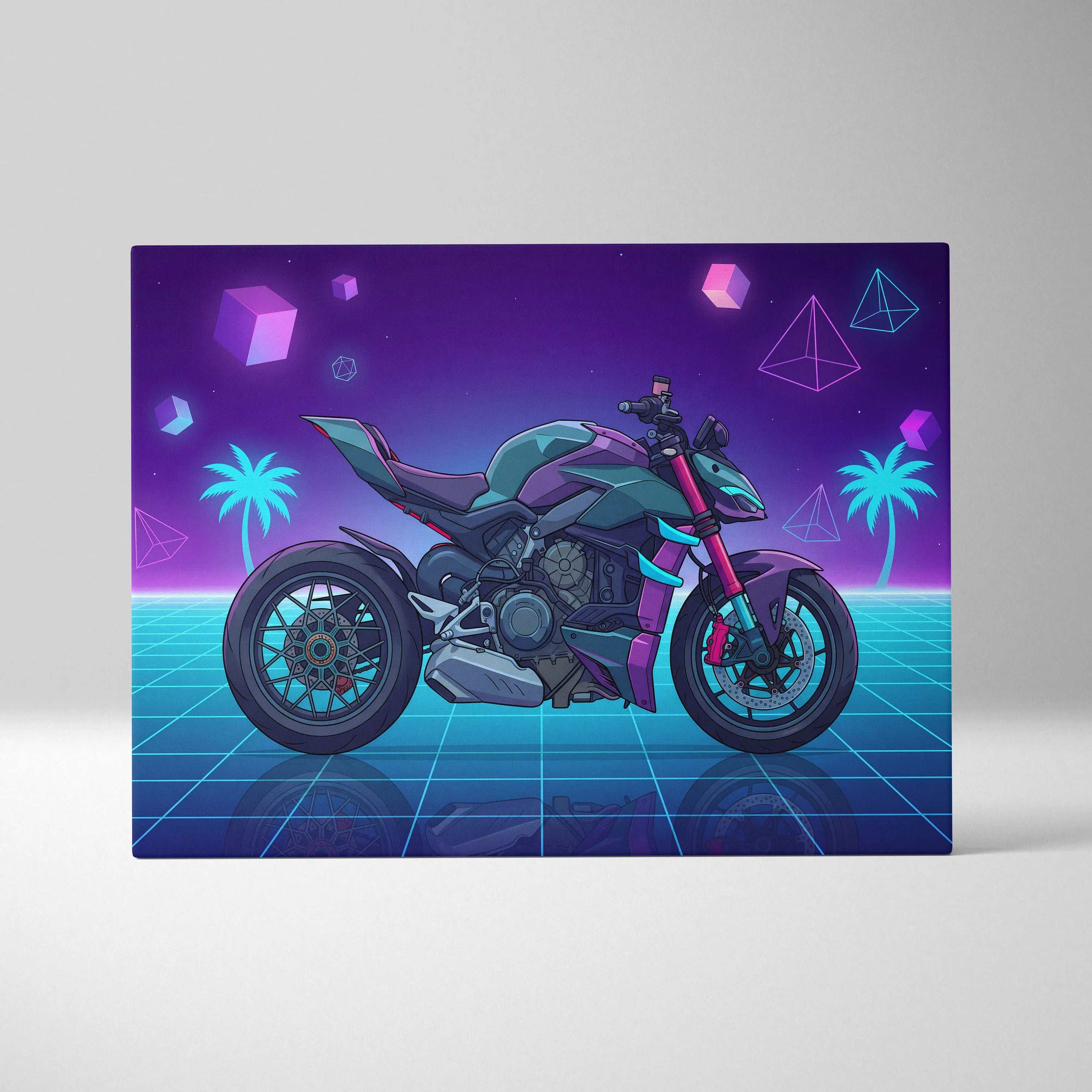 Ducati Streetfighter V4 Inspired Teal Purple Motorcycle Canvas Wall Art Vaporwave Neon Hypernaked Garage Decor Retro Futuristic Artwork