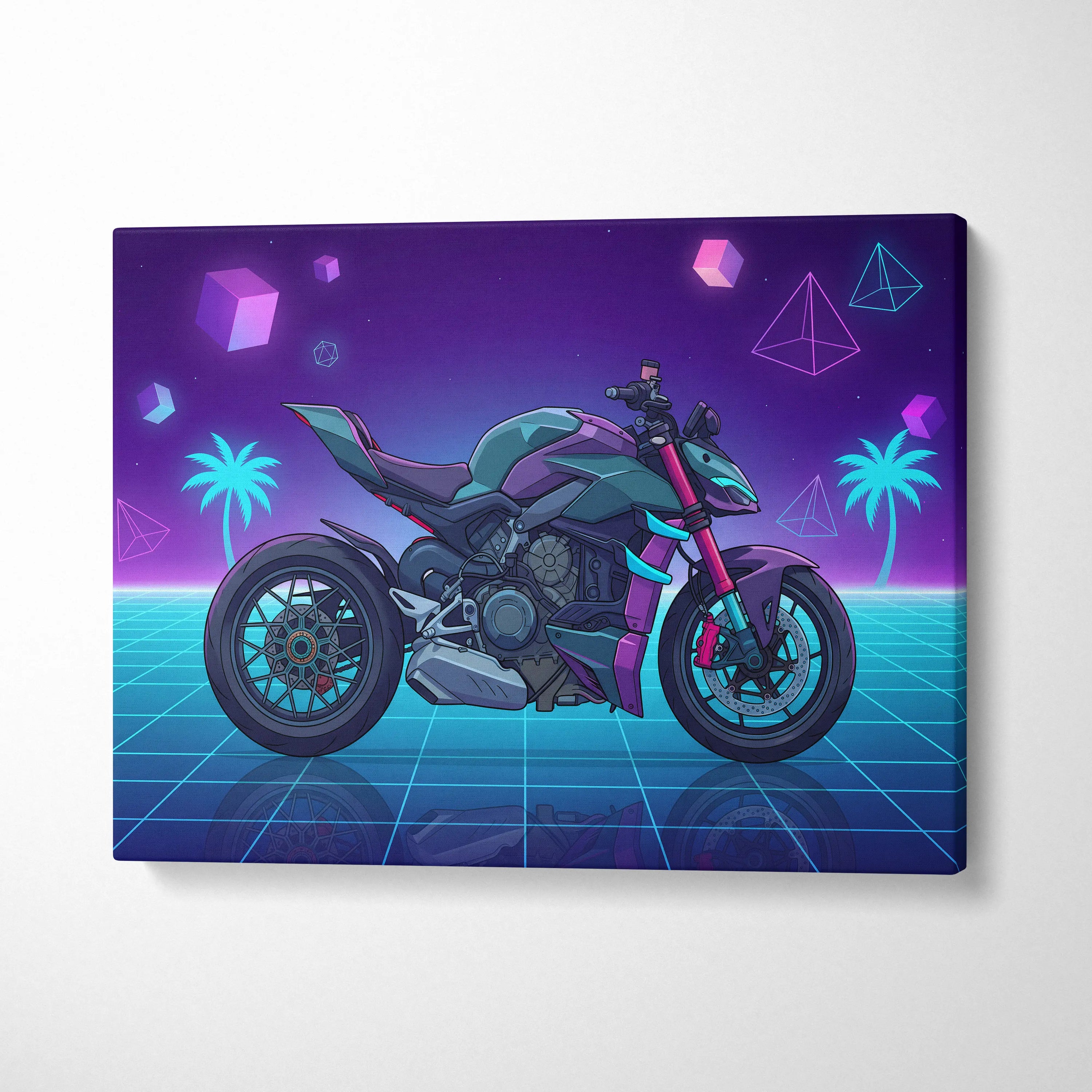 Ducati Streetfighter V4 Inspired Teal Purple Motorcycle Canvas Wall Art Vaporwave Neon Hypernaked Garage Decor Retro Futuristic Artwork