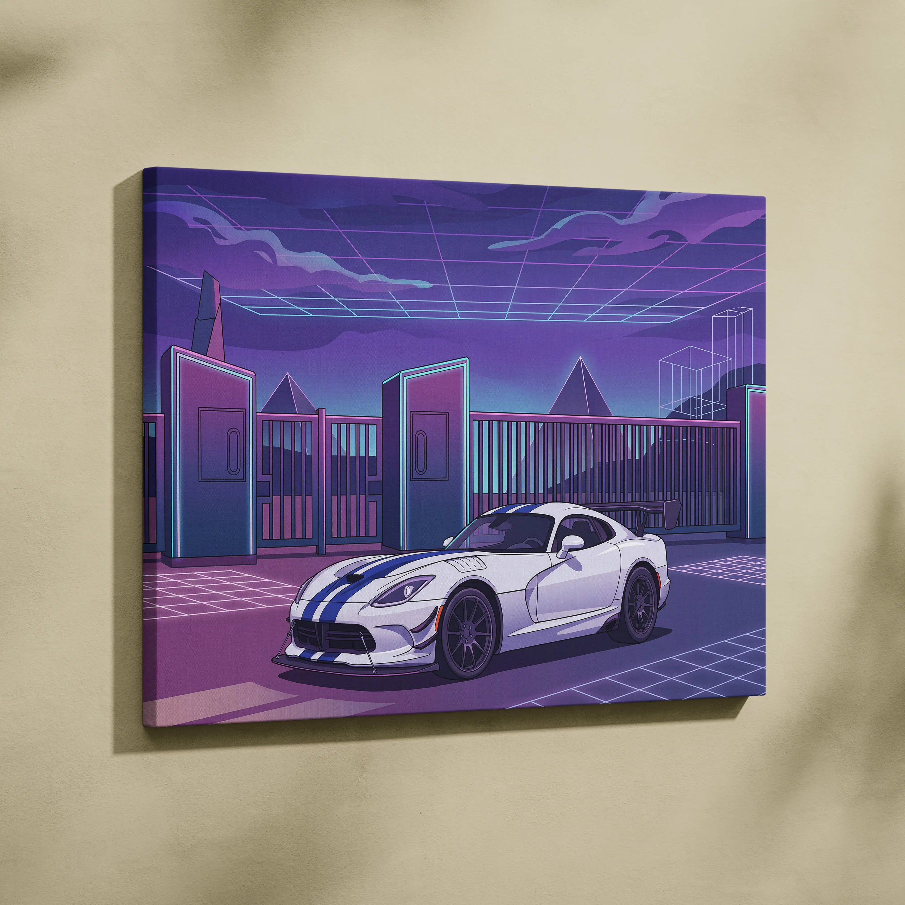 Dodge Viper ACR Inspired Purple Blue Canvas Wall Art, Vaporwave Night Drive, Retro Futuristic Garage Decor, Sports Car Artwork