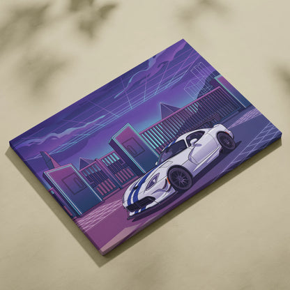 Dodge Viper ACR Inspired Purple Blue Canvas Wall Art, Vaporwave Night Drive, Retro Futuristic Garage Decor, Sports Car Artwork
