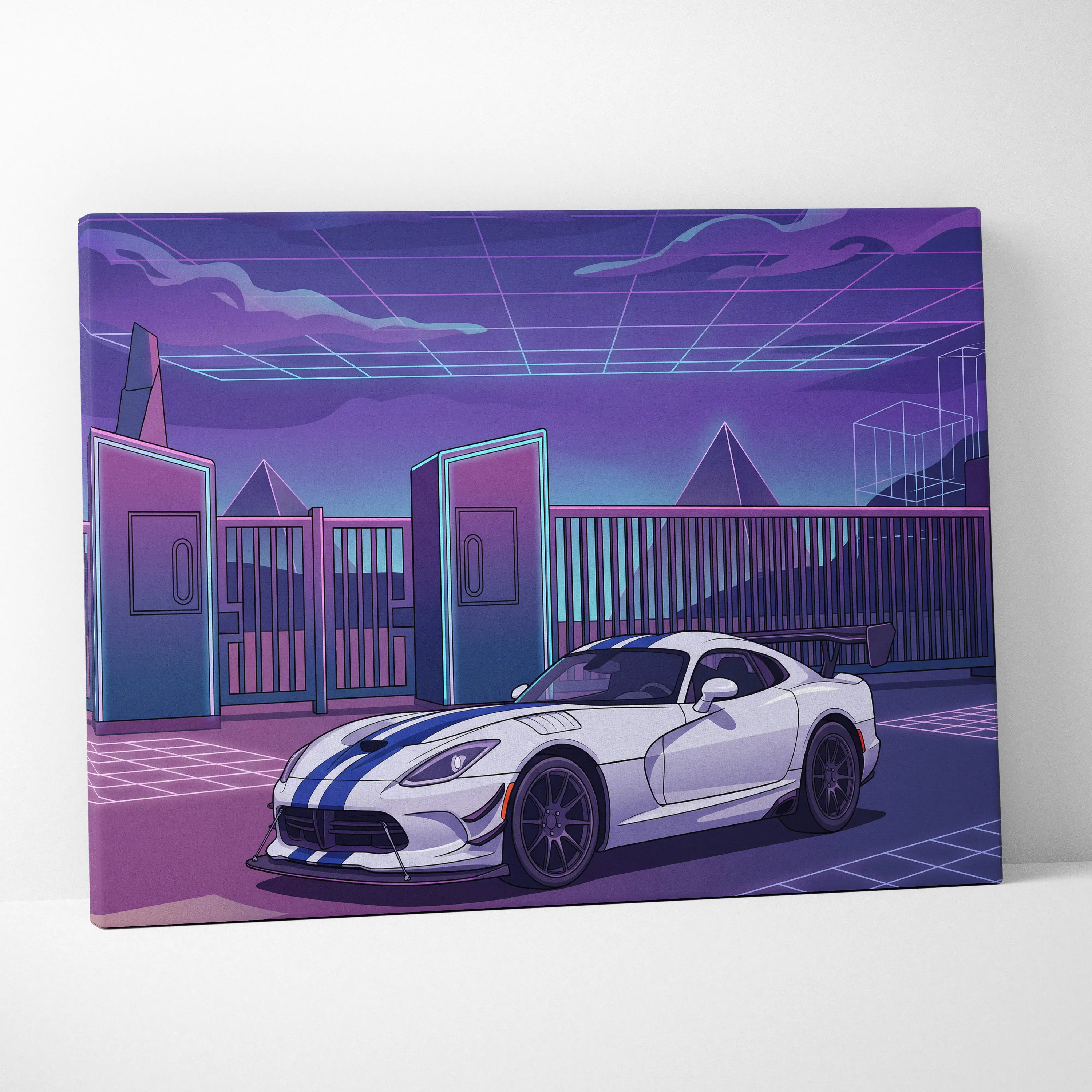 Dodge Viper ACR Inspired Purple Blue Canvas Wall Art, Vaporwave Night Drive, Retro Futuristic Garage Decor, Sports Car Artwork